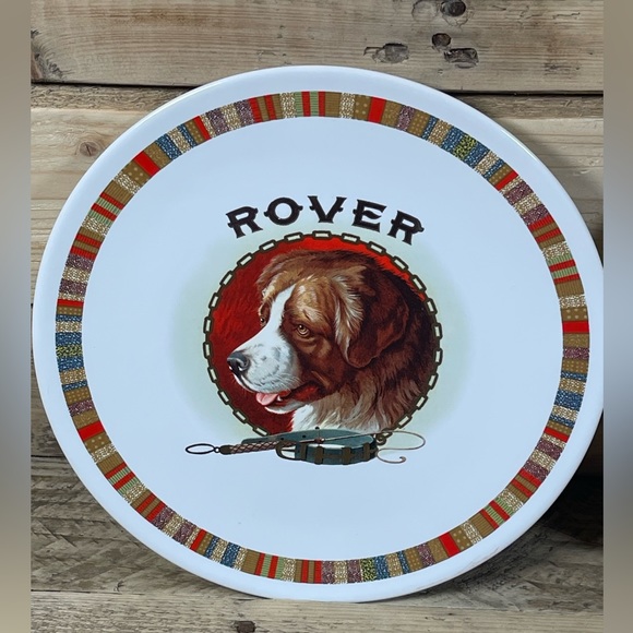 Lot of 2 Pottery Barn Rover Fireside Club Plate Dog White Multicolor Stripe Dish - Picture 2 of 13